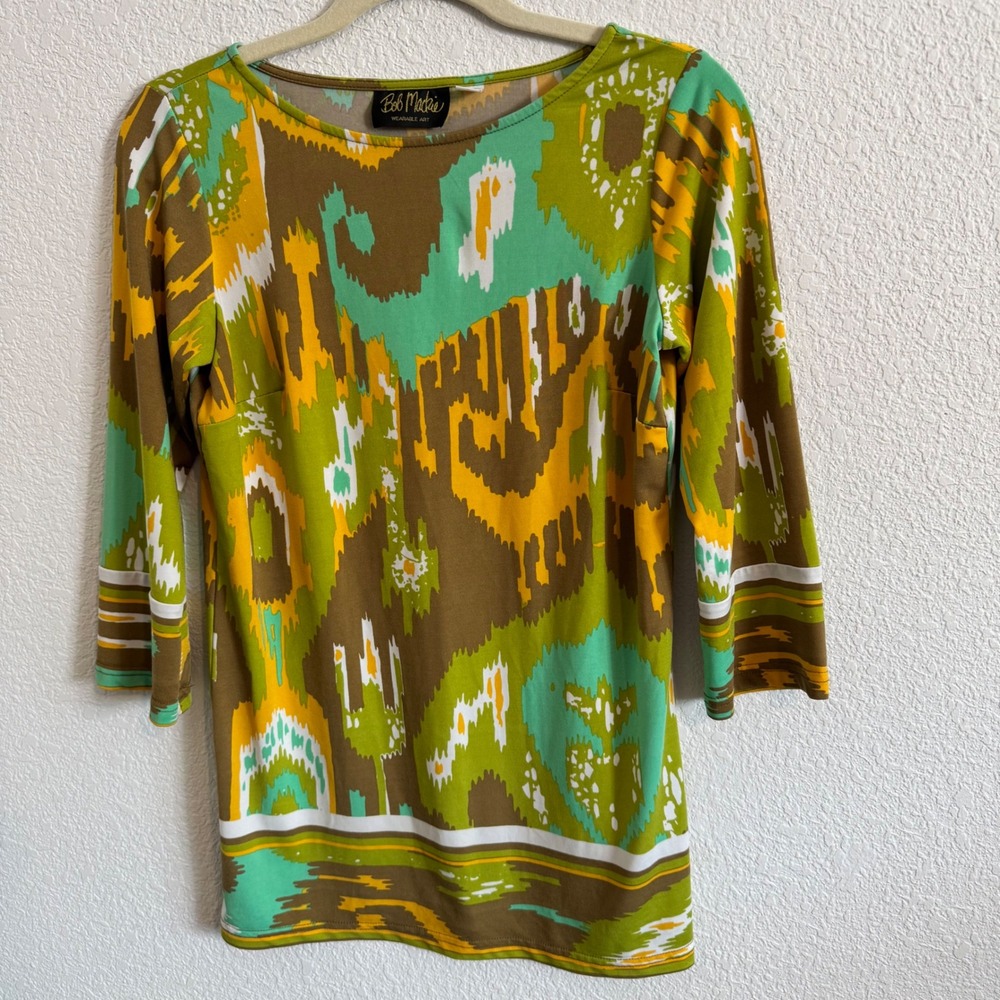 Bob Mackie Wearable Art Abstract Ikat Tunic Top Green Gold XXS 3/4 Sleeve